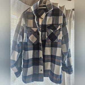 HFX Plaid Shacket Jacket Blue Cream Snap Button Flannel Coat Small